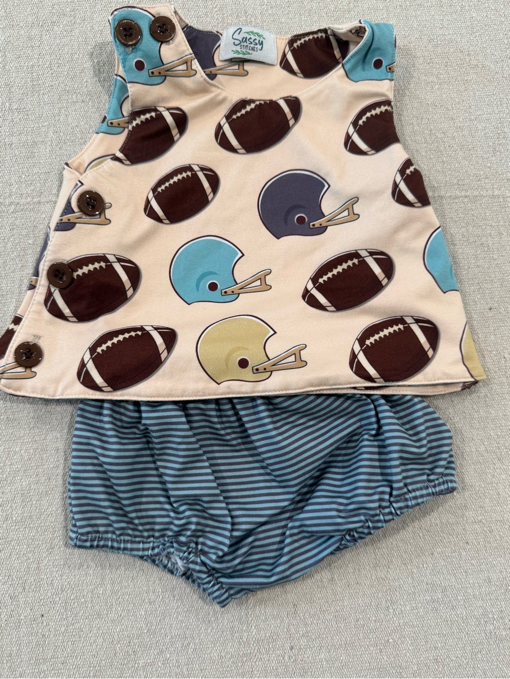 Stitches Football Print Dress Set in Cream, Brown, Blue
